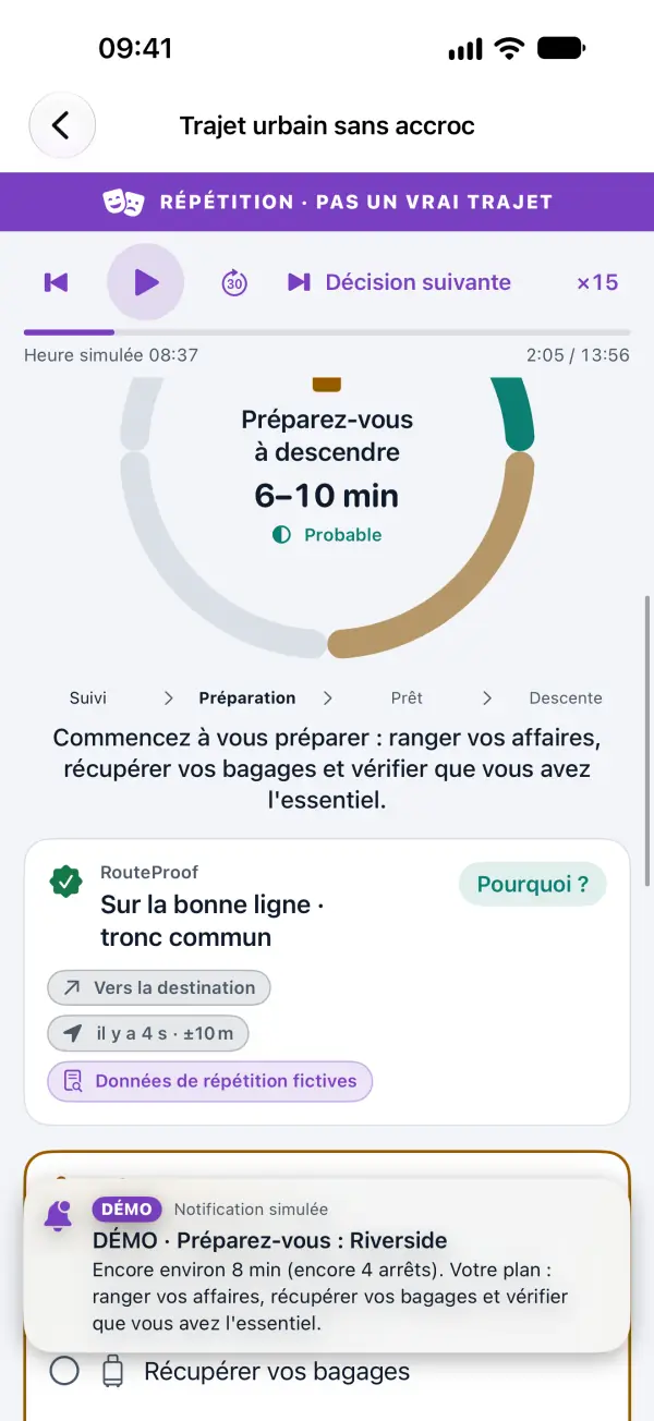 ARRILERT pendant un trajet de répétition : « Préparez-vous à descendre, 6–10 min, Probable », les étapes Suivi, Préparation, Prêt et Descente, et RouteProof indiquant « Sur la bonne ligne ».