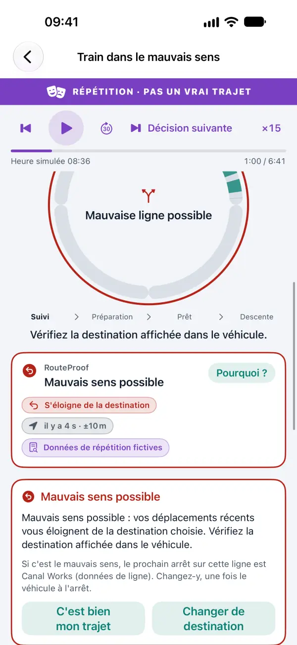 Répétition « Train dans le mauvais sens » : RouteProof affiche « Mauvais sens possible », avec les boutons « C'est bien mon trajet » et « Changer de destination ».
