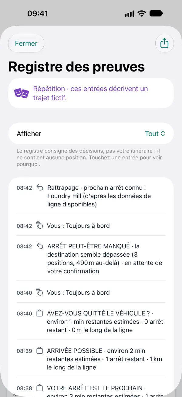 Le Registre des preuves d'une répétition : la liste horodatée des décisions et de vos réponses, sans aucune position sur la carte.