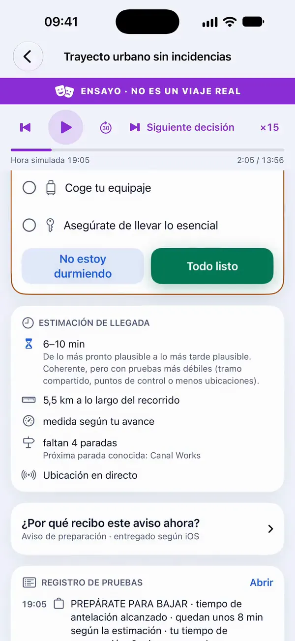 ARRILERT durante un trayecto de ensayo: la tarjeta «Prepárate para bajar» con tus pasos y «Todo listo», sobre la estimación de llegada y su incertidumbre.