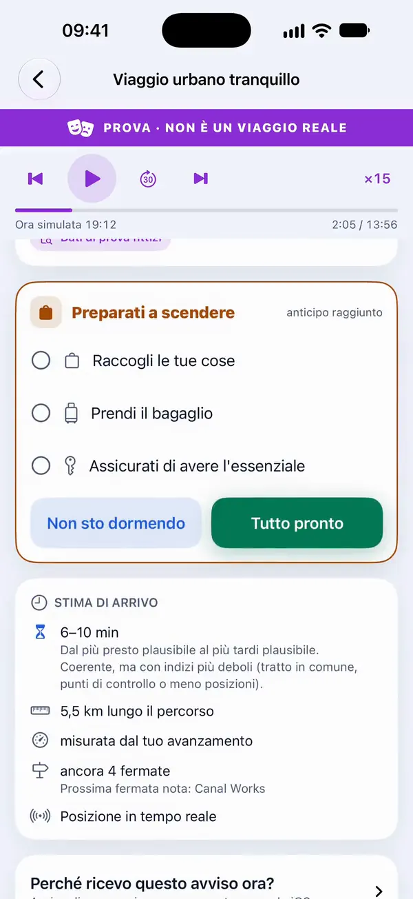 ARRILERT durante un viaggio di prova: la scheda «Preparati a scendere» con i tuoi passaggi e «Tutto pronto», sopra la stima di arrivo e la sua incertezza.